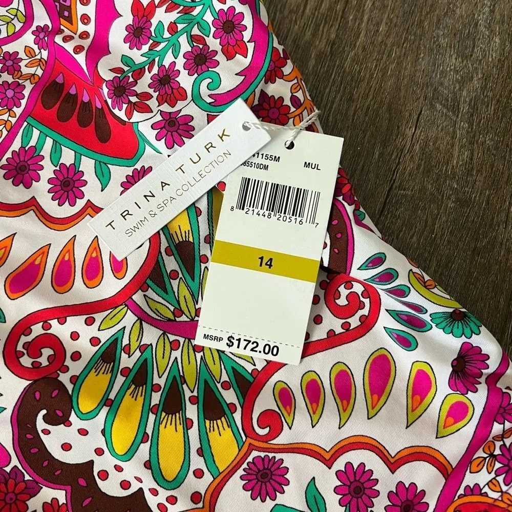 NWT Trina Turk Hawaiian Garden Border Halter Plunge One Piece Swimsuit-Size 14 - Picture 5 of 9